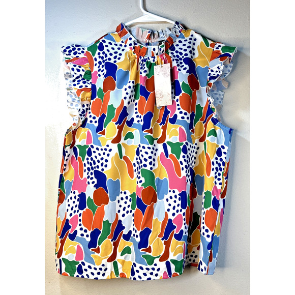 Emery Rose Women’s XL Colorful Short Sleeve Ruffle Top NWT Mock NecK summer - Picture 4 of 11